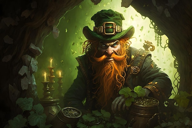 A leprechaun with a green hat sits in a cave with a pot of gold.