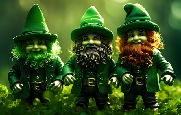 Leprechauns on green nature blur background