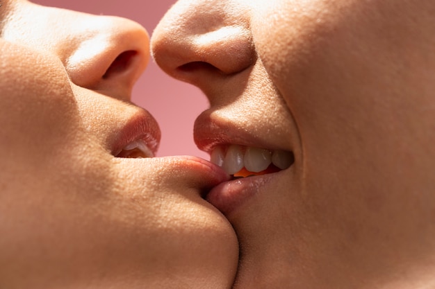 Lesbian couple kissing close up