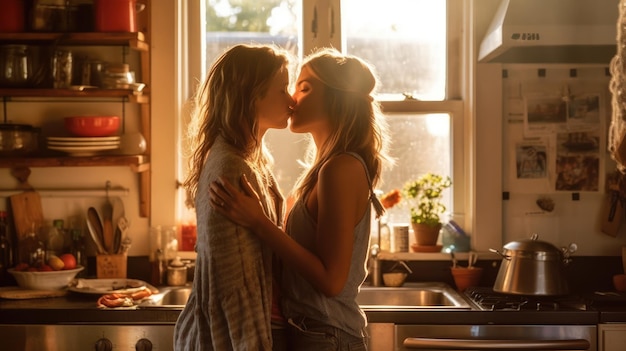 Lesbian couple kissing in the kitchen