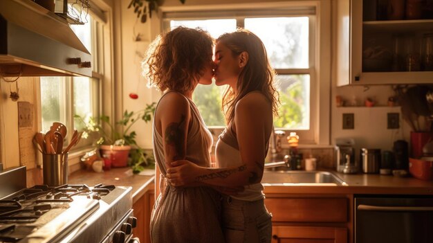 Photo lesbian couple kissing in the kitchen