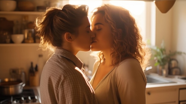 Lesbian couple kissing in the kitchen