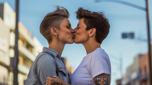 Lesbian couple kissing on the street