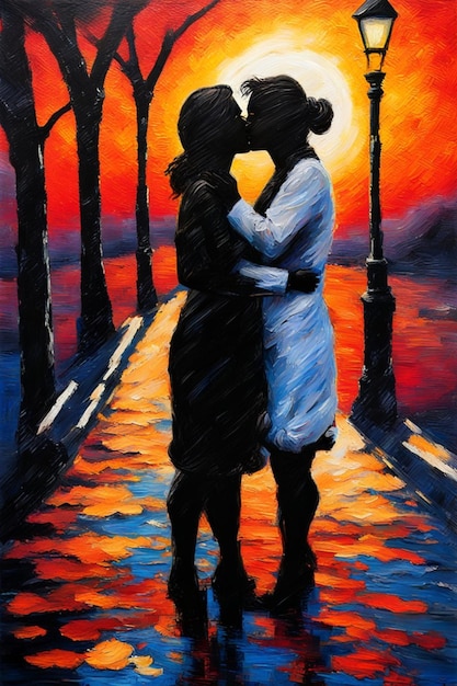 lesbian couple in love kissing with passion digital painting white and indigo deep brush strokes