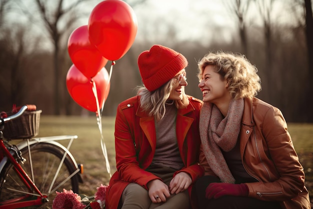 A lesbian couple sitting on a bench on Valentine's Day