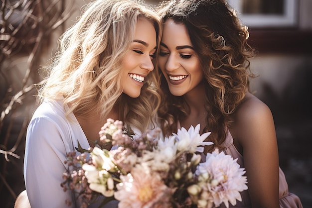 A lesbian couple at a wedding smiling with a bouquet of flowers