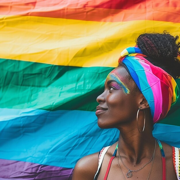 A lesbian girl with a LGBTQ flag in the background