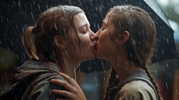 Lesbian kissing between two girls in a downpour Generative AI