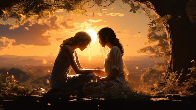 Lesbian Lover Couple Holding Hands in Warm Afternoon Light Embracing Love in Nature