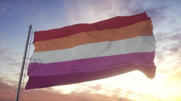 Lesbian pride flag waving in the wind, sky and sun background. 3d rendering