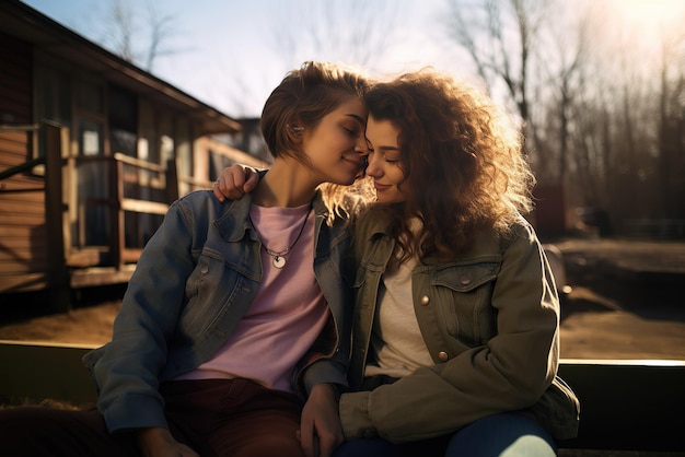 A lesbian teenage couple hugging on a bench