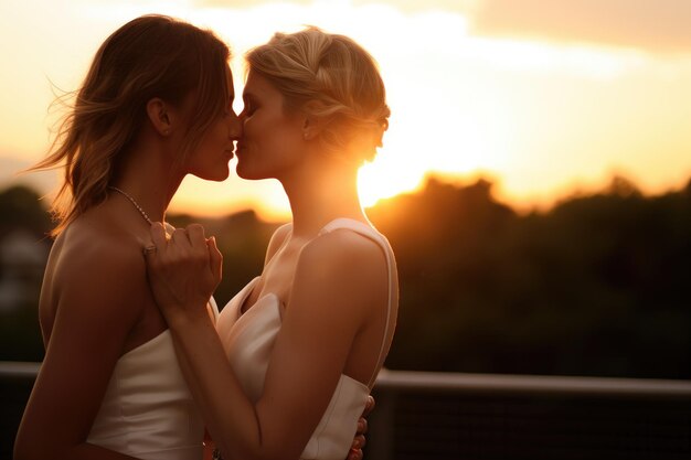 Lesbian wedding Romantic photo of two girls in bridal dresses in nature at sunset