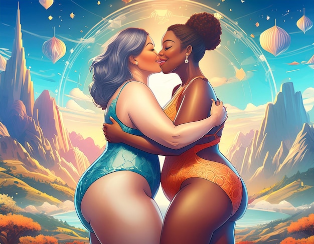 Lesbian women Kissing Passionately in Futuristic Spa while Hugging with Holographic Treatments