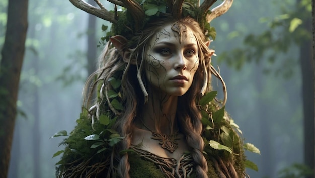 Leshy beautiful female character scary spirit of the forest slavic ancient folk style