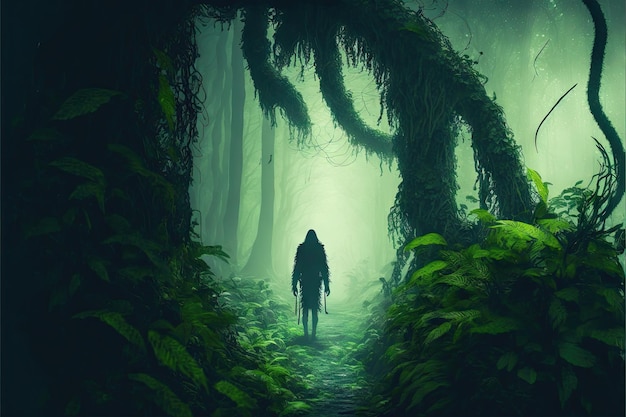 Leshy walking among huge ferns in mystical foggy forest created with generative ai