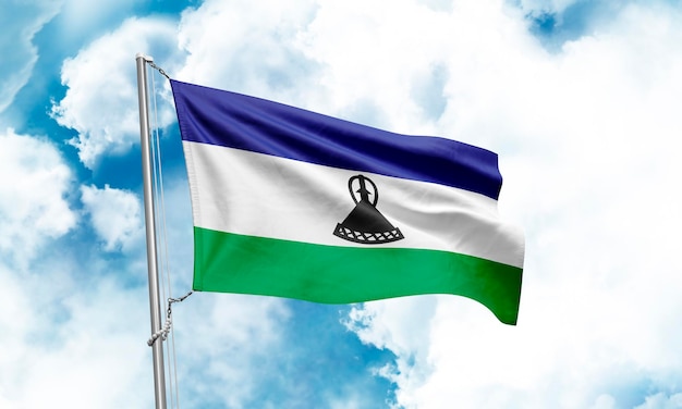 Lesotho flag waving on sky background 3D Rendering