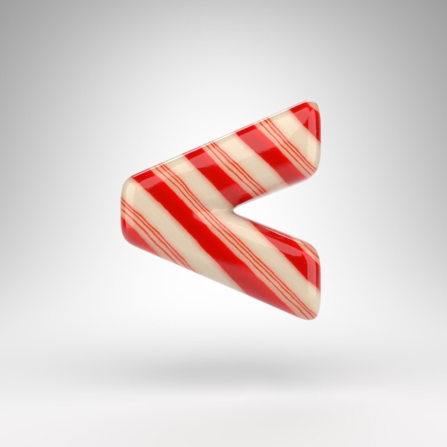 Less than symbol on white background. Candy cane 3D rendered sign with red and white lines.