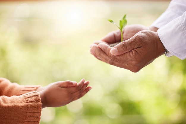 Lets keep nature alive. Shot of a father and daughter holding a plant outside.