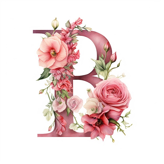 The letter B is decorated with red roses on a white background