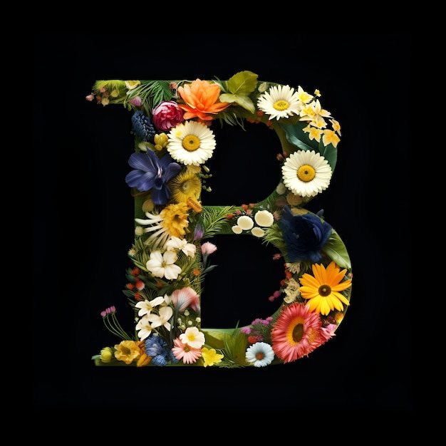 Letter B made of flowers and plants on black background Flower font concept