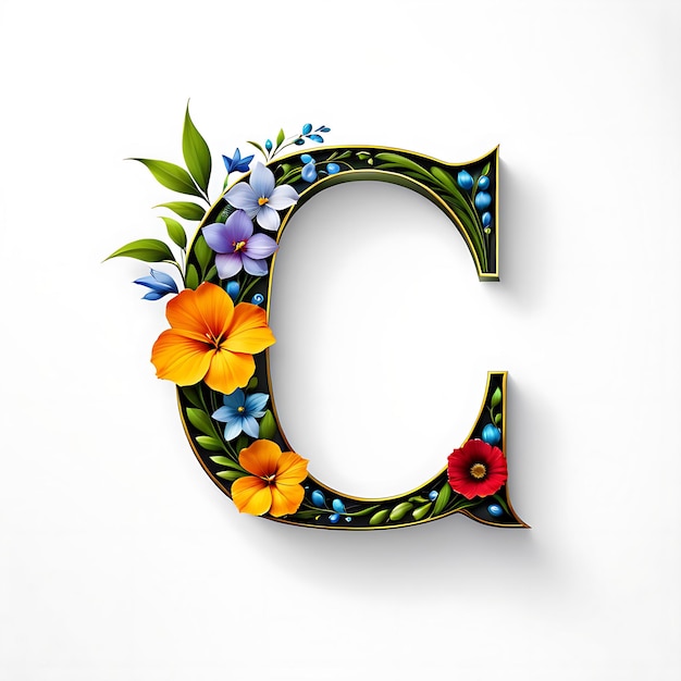 a letter c is painted in a colorful design with flowers and leaves