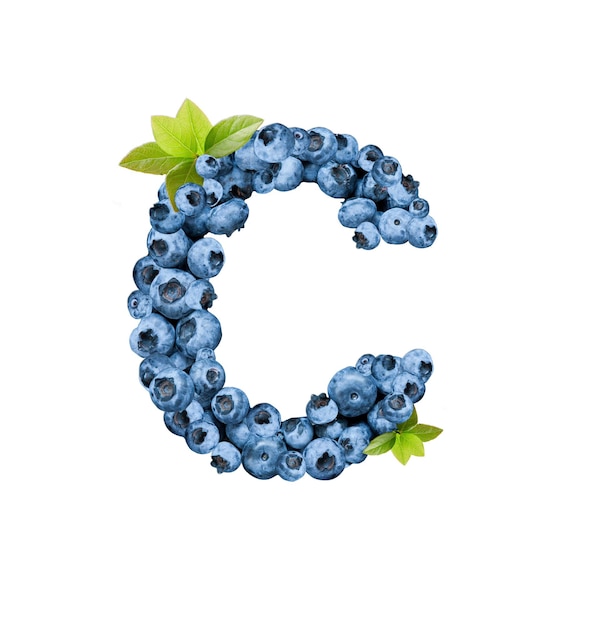 Letter C, made with fresh blueberries isolated on white. Bluberries font of full alphabet set of upper case letters.