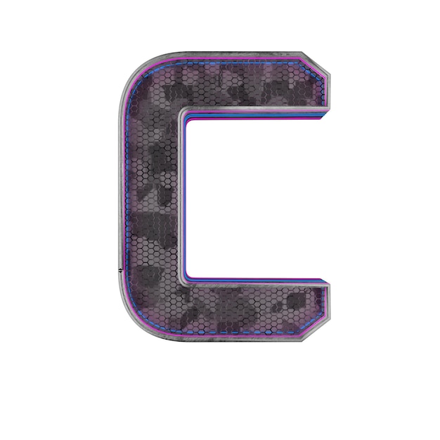 Letter C Metallic futuristic font with blue neon lights 3d render