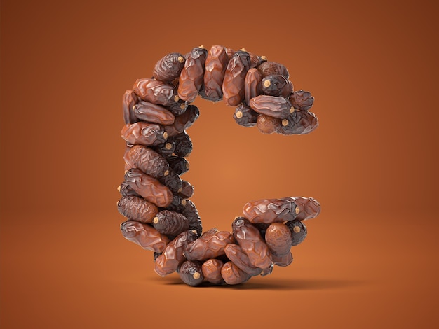 Letter C shaped date palm fruits, 3d illustration, suitable for fasting, ramadan, islam and iftar themes and typography usage.