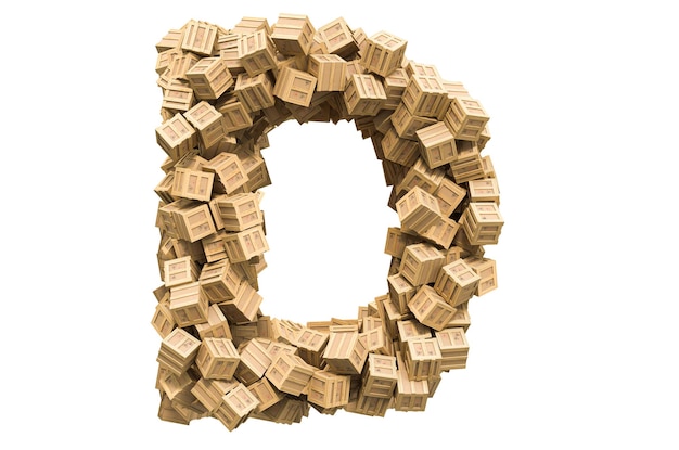 Letter D from wooden boxes 3D rendering