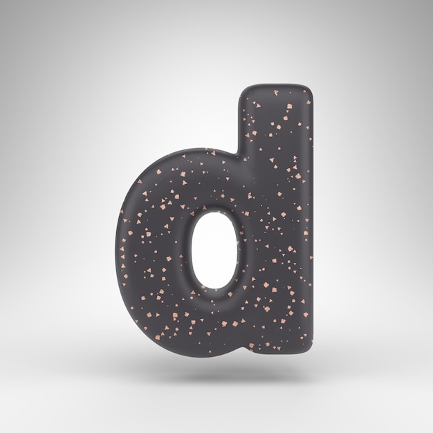 Letter D lowercase on white background. Black matte 3D rendered font with copper dots texture.