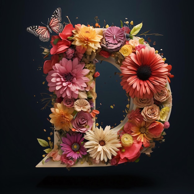 Letter D made of flowers and butterflies on black background 3d rendering