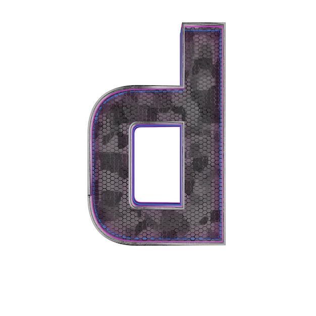 Letter d Metallic futuristic font with blue neon lights 3d render