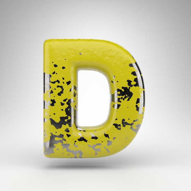 Letter D uppercase on white background. 3D rendered font with old yellow paint on gloss metal texture.