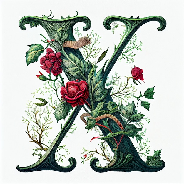 Letter deep green engraved with graceful vines flower