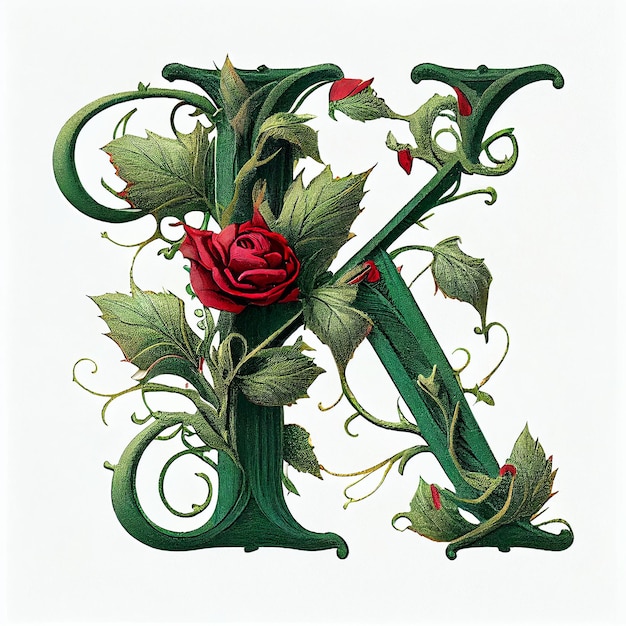 Letter deep green engraved with graceful vines flower