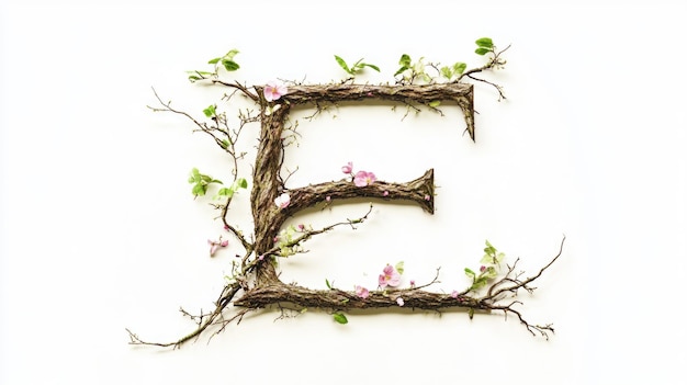 Photo letter e decorated with tree branches