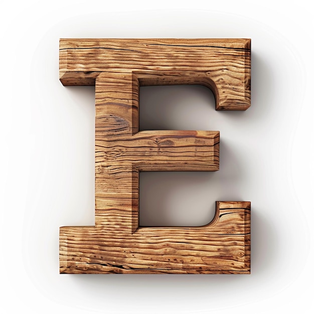 Letter E English font Bold wooden color 3D white background typography