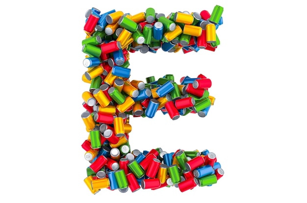 Letter E from colored metallic drink cans 3D rendering