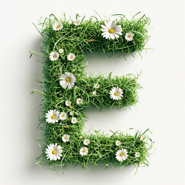 The letter e is made of grass and daisies