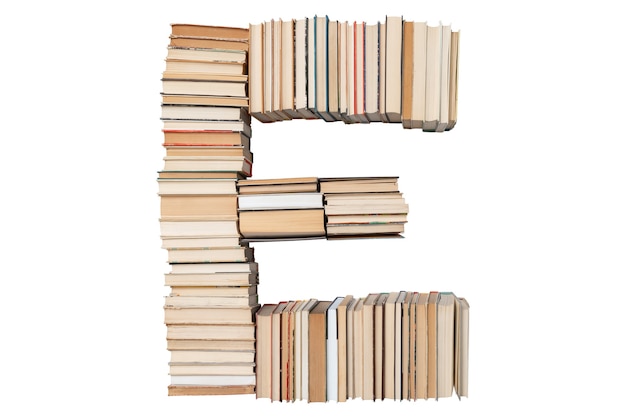 Letter E made of books isolated on white