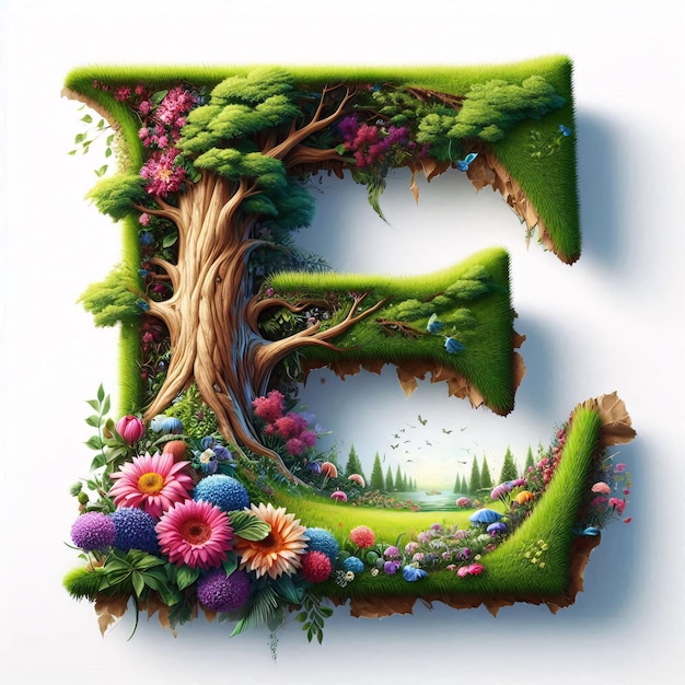 a letter e made out of branches with flowers and the letter e