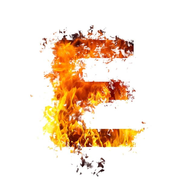 Letter E, made with fire flames isolated on white. Fire flame font of full alphabet set of upper case letters.