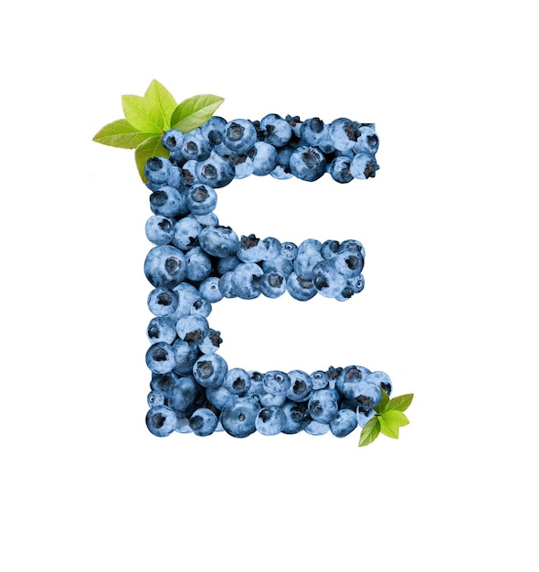 Letter E, made with fresh blueberries isolated on white. Bluberries font of full alphabet set of upper case letters.