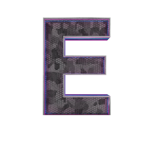 Letter E Metallic futuristic font with blue neon lights 3d render