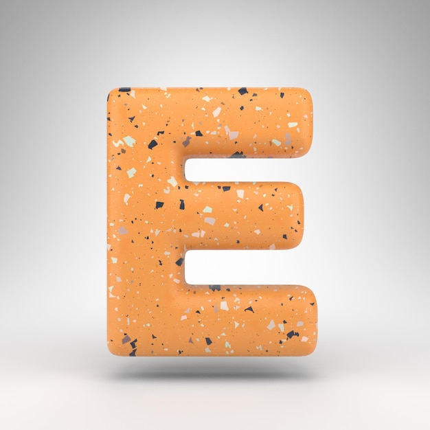 Letter E uppercase on white background. 3D rendered font with orange terrazzo pattern texture.