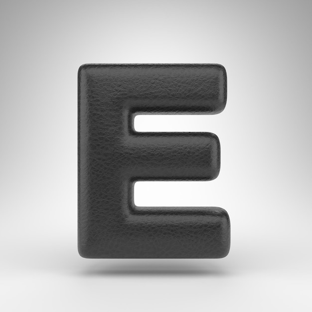 Letter E uppercase on white background. Black leather 3D rendered font with skin texture.