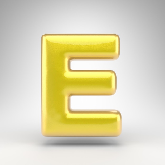 Letter E uppercase on white background. Yellow car paint 3D rendered font with glossy metallic surface.