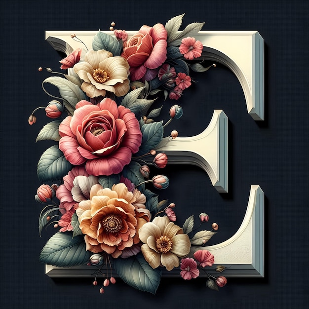 Letter E with flower elements flower made of flower View of 3d letter