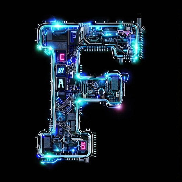 The letter f is made up of electronic components