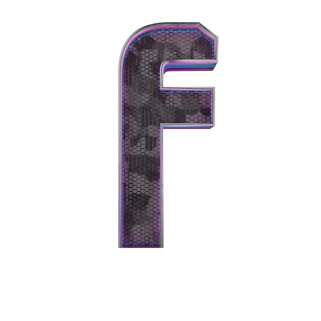 Photo letter f metallic futuristic font with blue neon lights 3d render